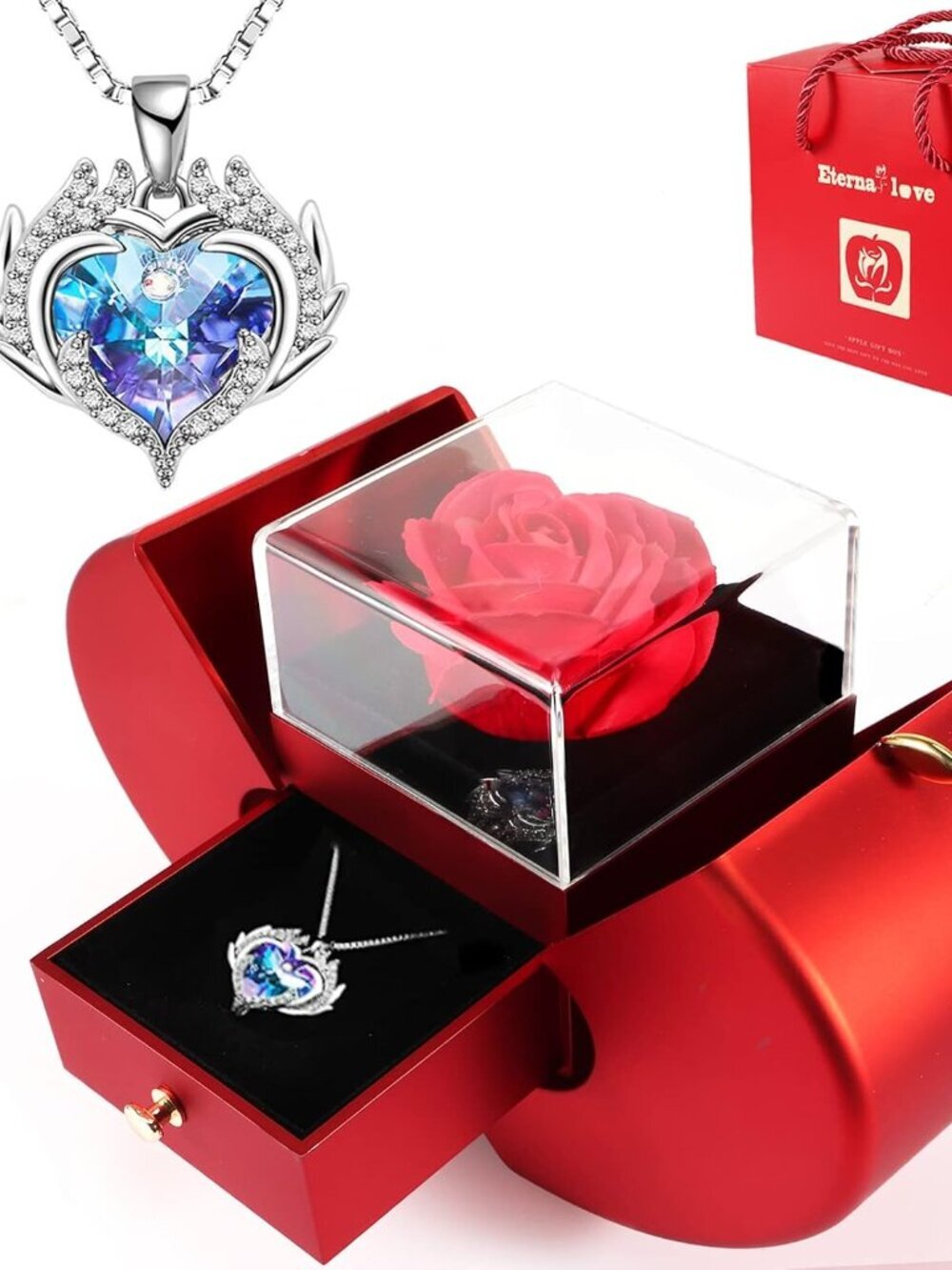 Preserved Red Rose Openable Apple-Shaped Storage Box with Angel Wing Jewelry